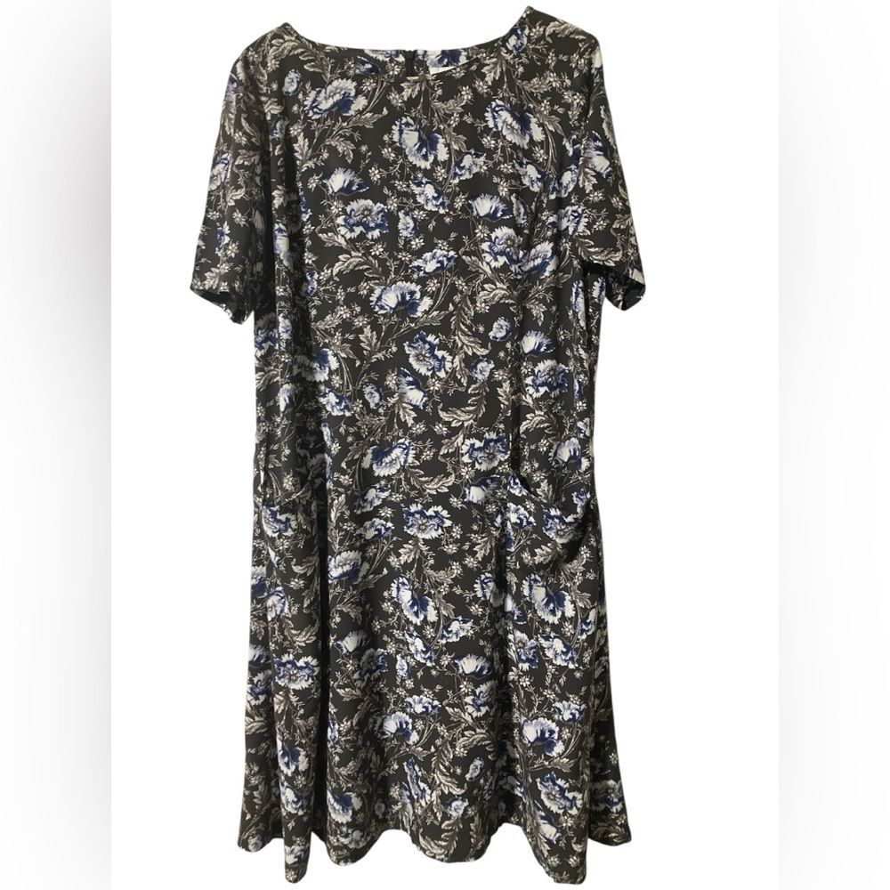 J Jill Dress Size 10 Boat Neck Floral Summer Short Sleeve Gray Blue